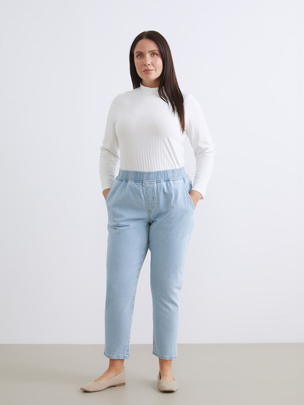 İndigo Beli Lastikli Mom Fit Kadın Jean Pantolon-1