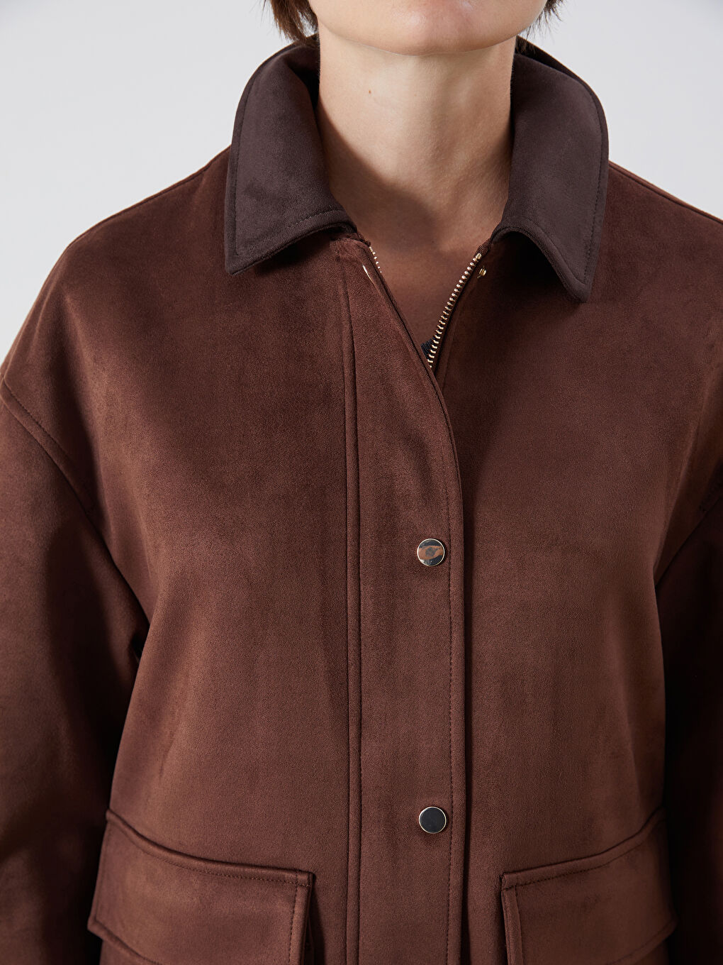 Kahverengi Kontrast Yaka Kadın Süet Görünümlü Mont-2