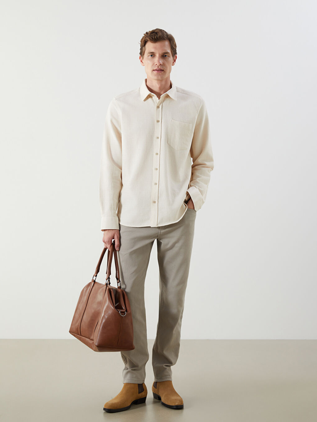 Ekru Slim Fit Uzun Kollu Armürlü Erkek Gömlek-1