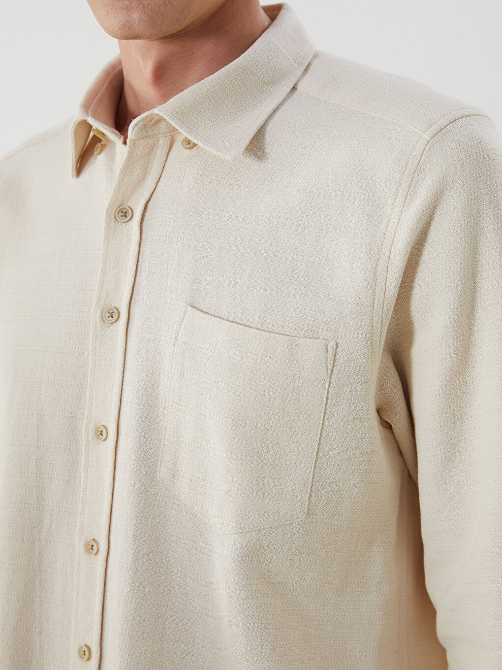 Ekru Slim Fit Uzun Kollu Armürlü Erkek Gömlek-2