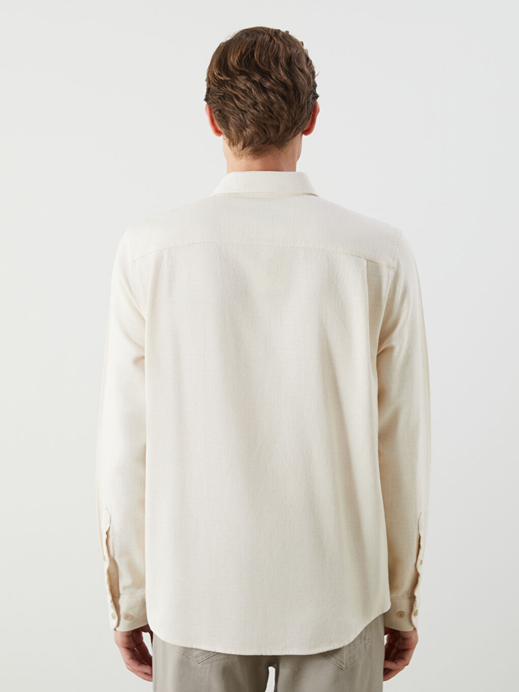 Ekru Slim Fit Uzun Kollu Armürlü Erkek Gömlek-3