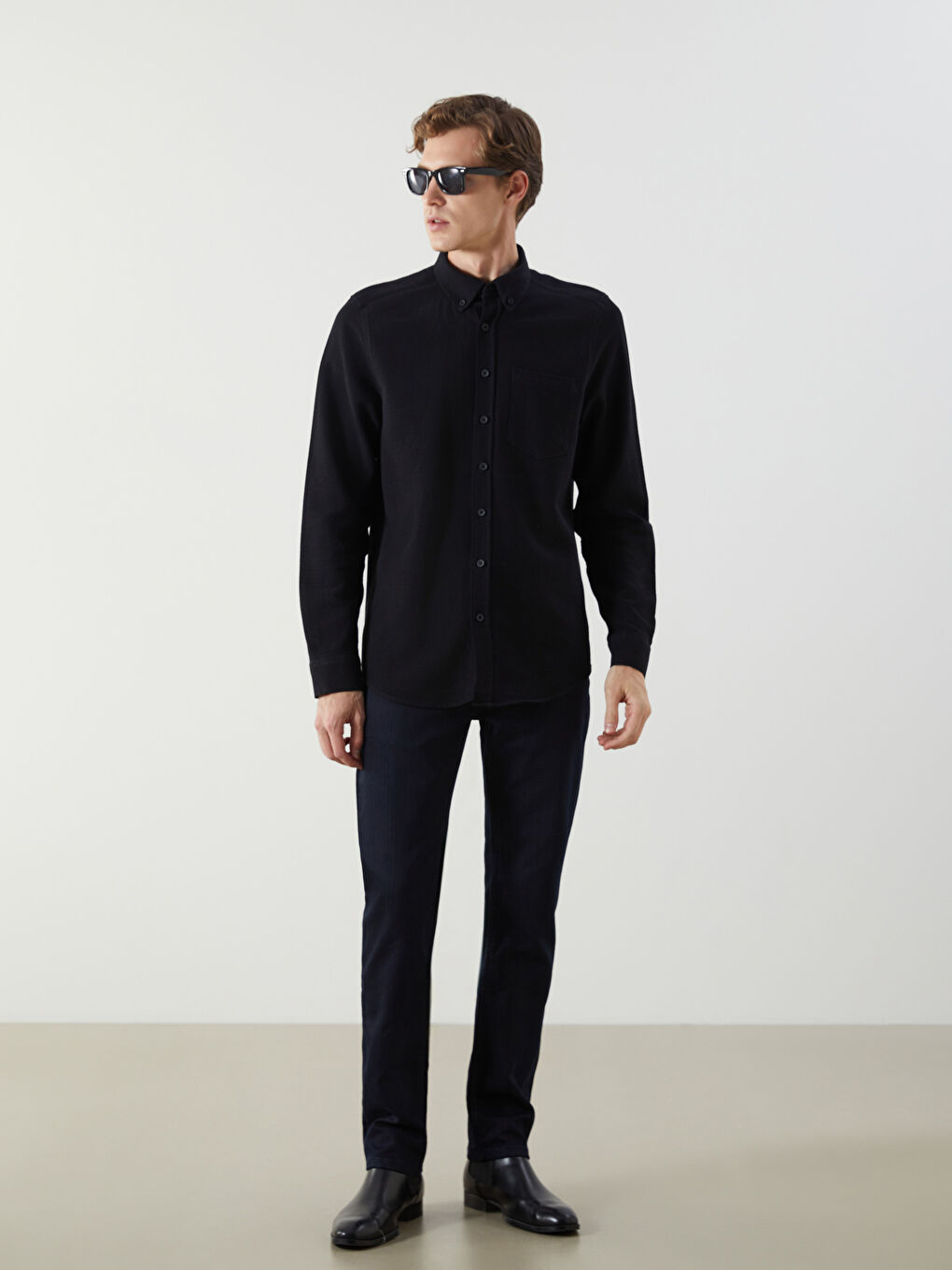 Siyah Slim Fit Uzun Kollu Armürlü Erkek Gömlek-1