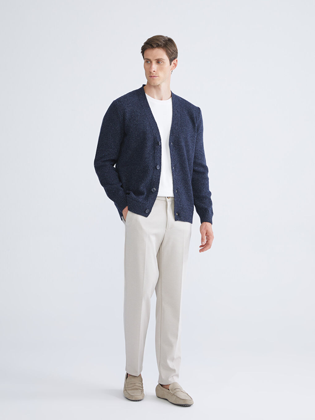 Lacivert Standart Kalıp V Yaka Erkek Triko Hırka-1