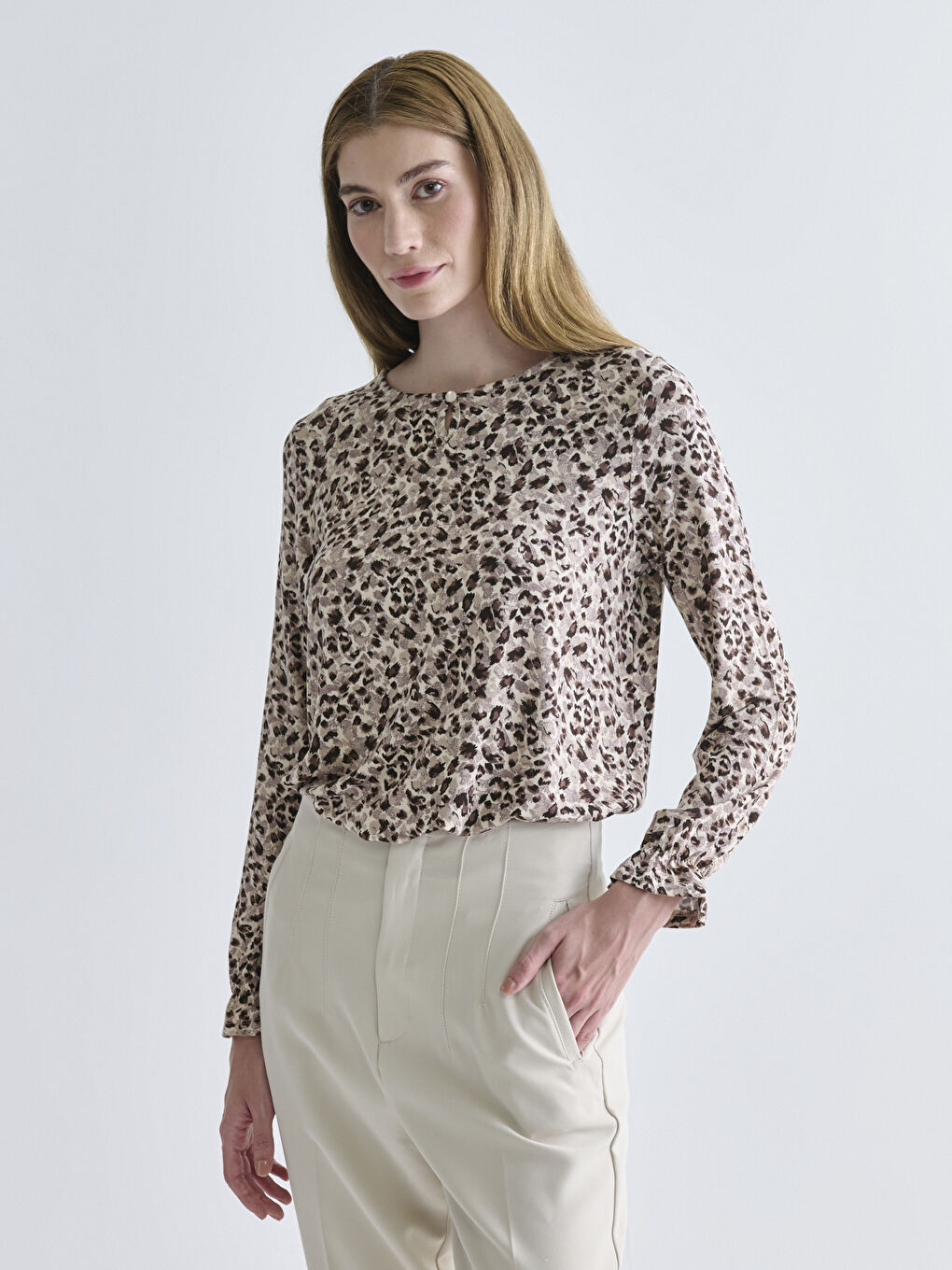 Plus Size Crew Neck Patterned Blouse