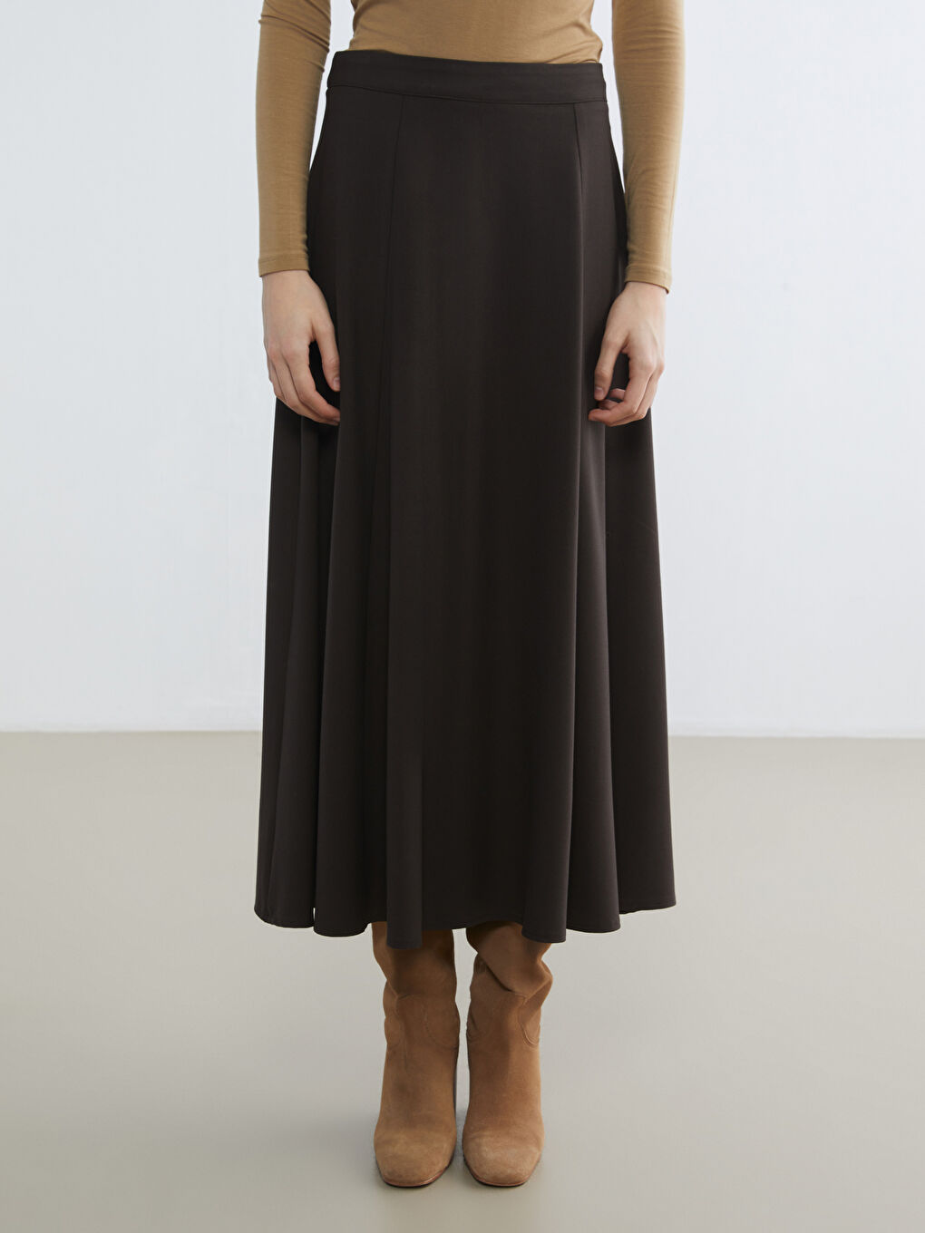 Kahverengi Beli Fermuarlı Kloş Etek-1