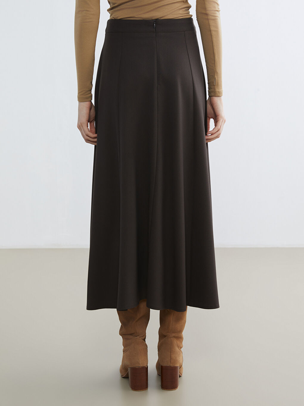 Kahverengi Beli Fermuarlı Kloş Etek-3