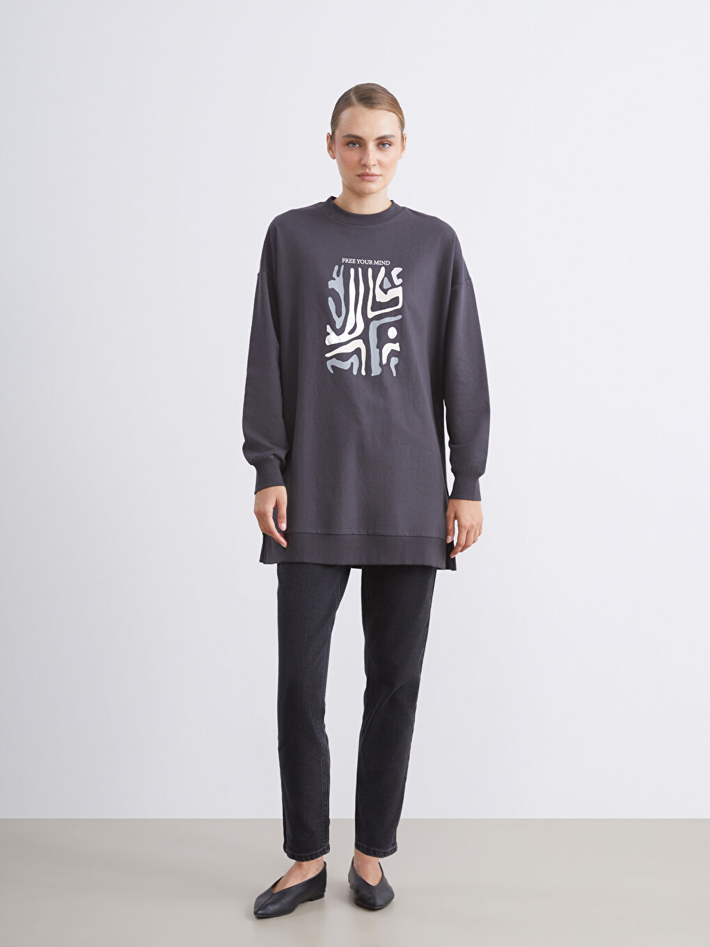 Crew Neck Printed Women's Sweatshirt Tunic-2