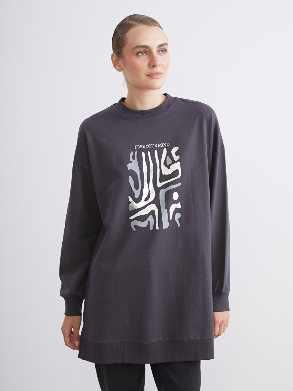 Crew Neck Printed Women's Sweatshirt Tunic