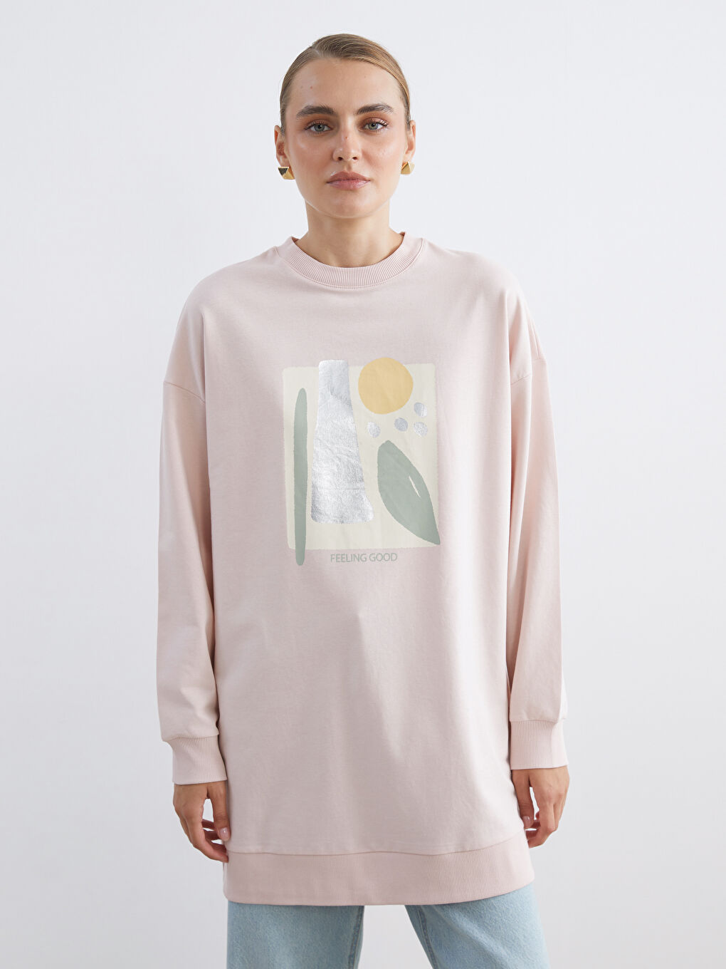 Pembe Bisiklet Yaka Baskılı Kadın Sweatshirt Tunik