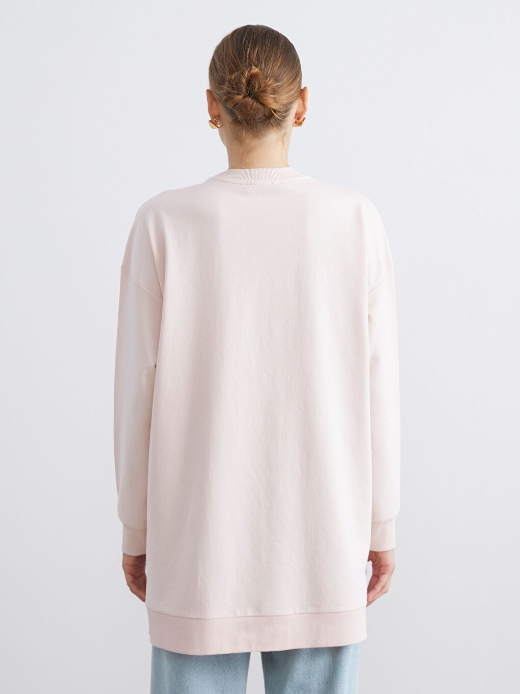 Pembe Bisiklet Yaka Baskılı Kadın Sweatshirt Tunik-3