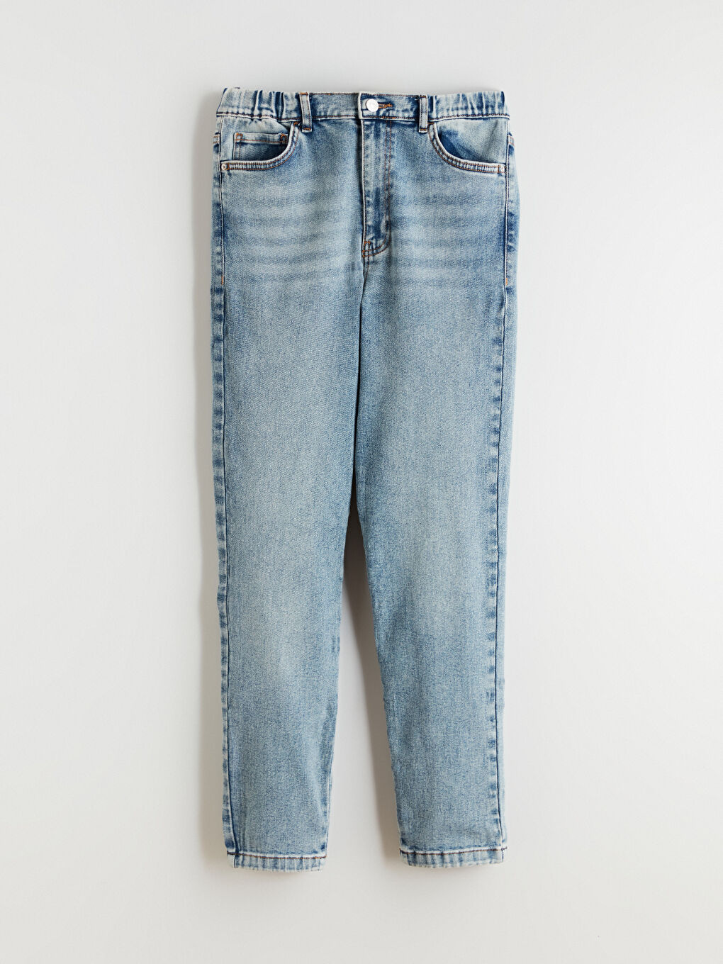 İndigo Beli Lastikli Mom Fit Kadın Jean Pantolon-4