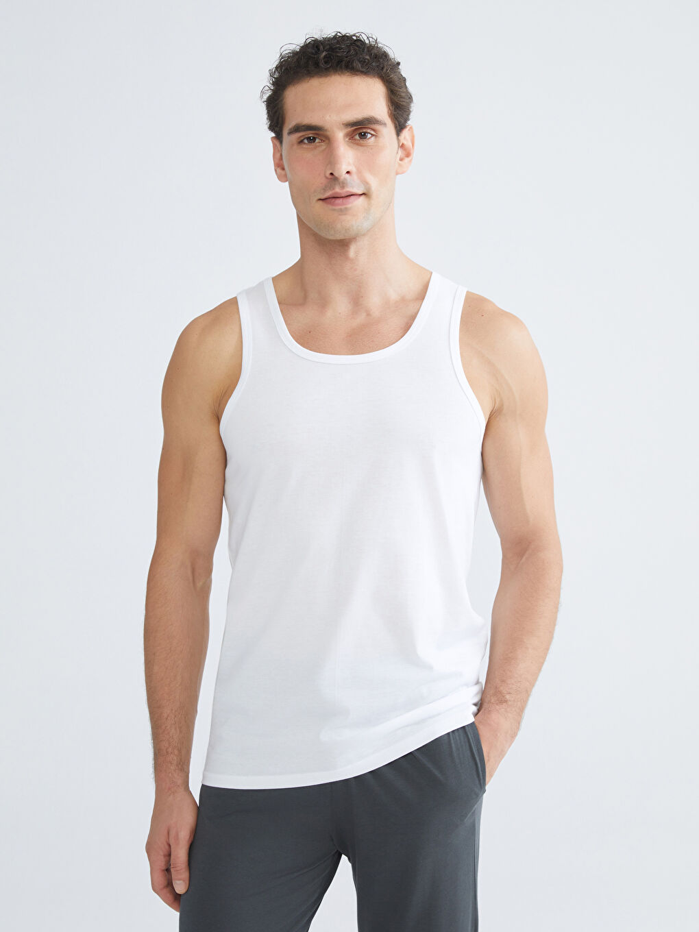 Beyaz U Yaka Penye Erkek Atlet 2'li-2