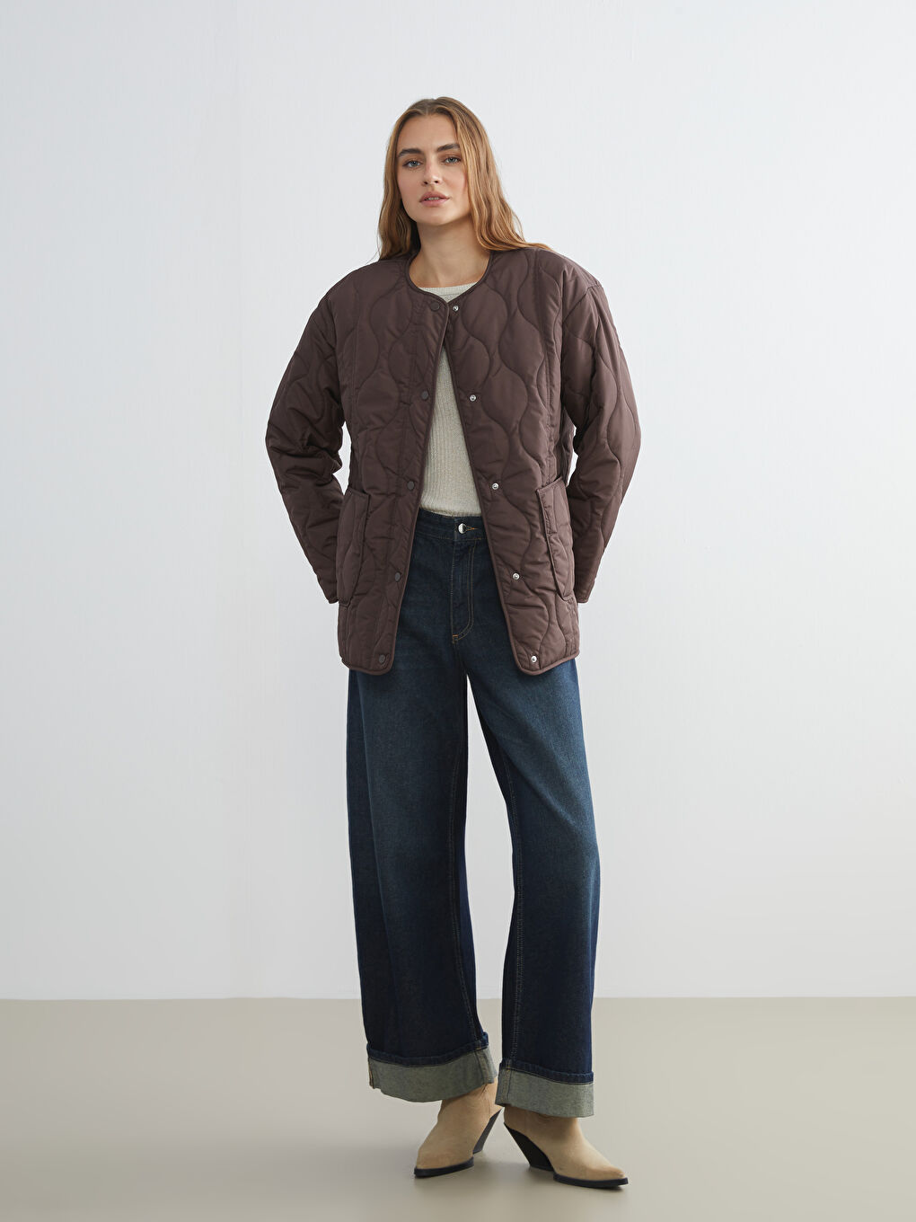 Kahverengi Bisiklet Yaka Oversize Kapitone Kadın Şişme Mont-1