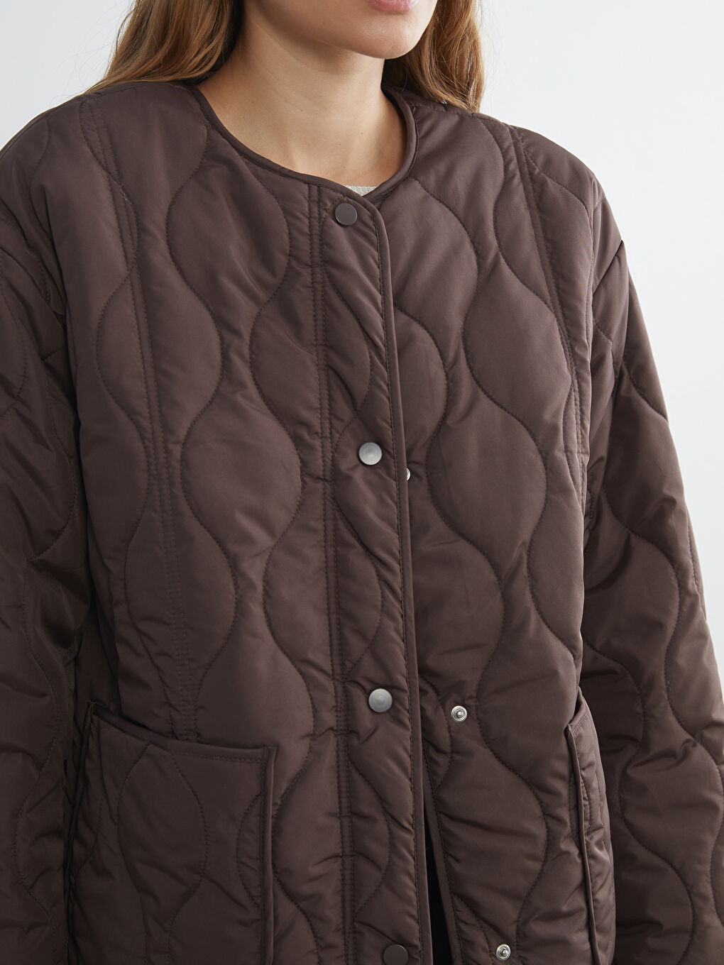 Kahverengi Bisiklet Yaka Oversize Kapitone Kadın Şişme Mont-2