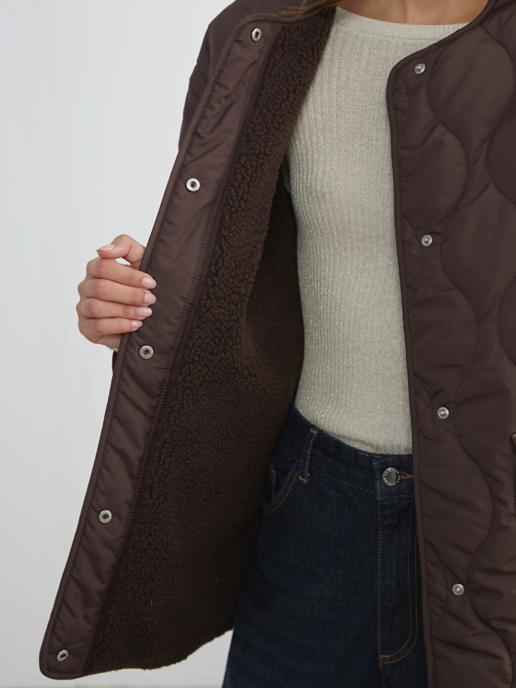 Kahverengi Bisiklet Yaka Oversize Kapitone Kadın Şişme Mont-3