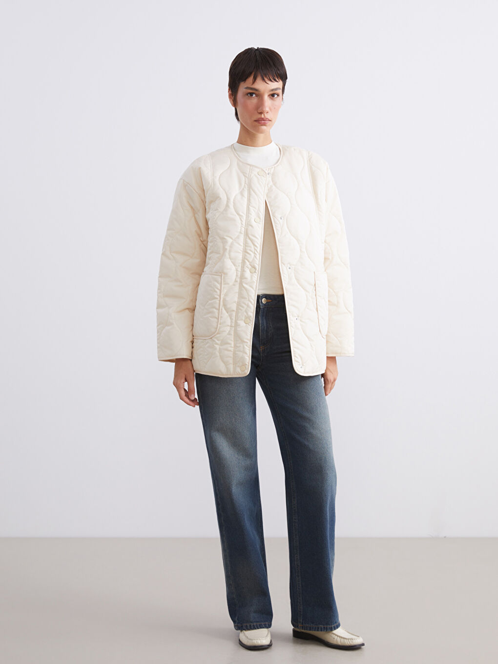 Ekru Bisiklet Yaka Oversize Kapitone Kadın Şişme Mont-1