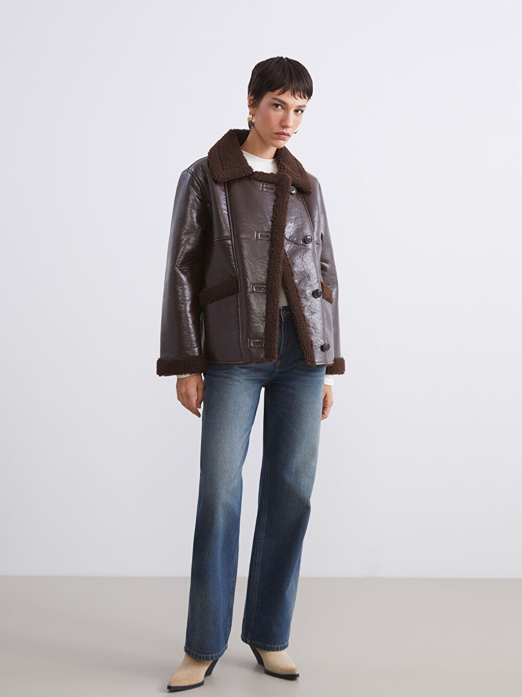 Woman BROWN Faux Leather Coat-1
