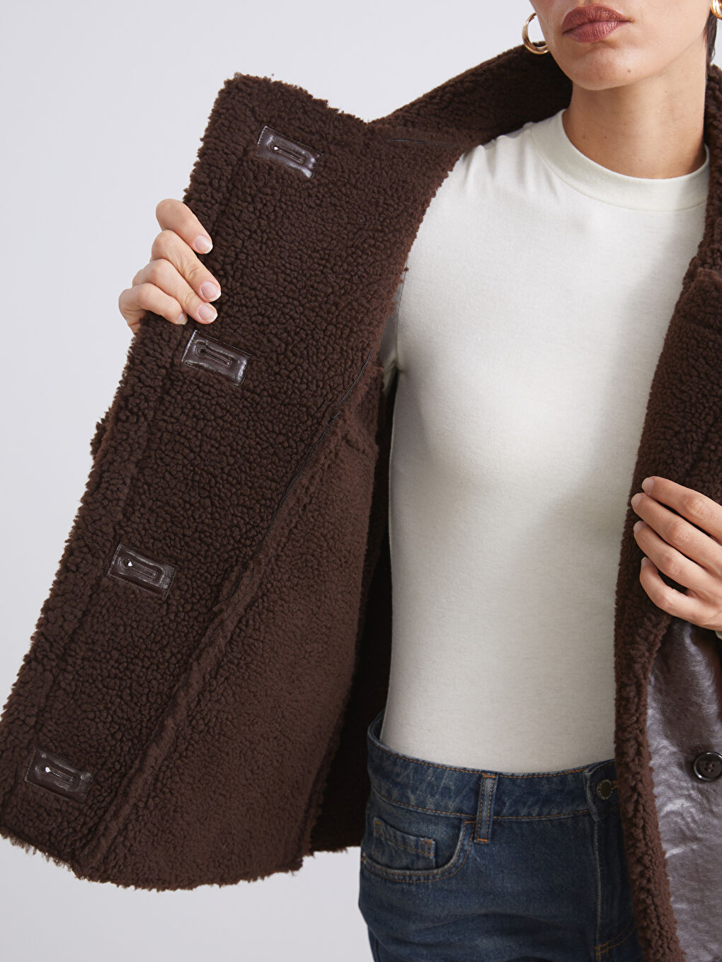 Woman BROWN Faux Leather Coat-3