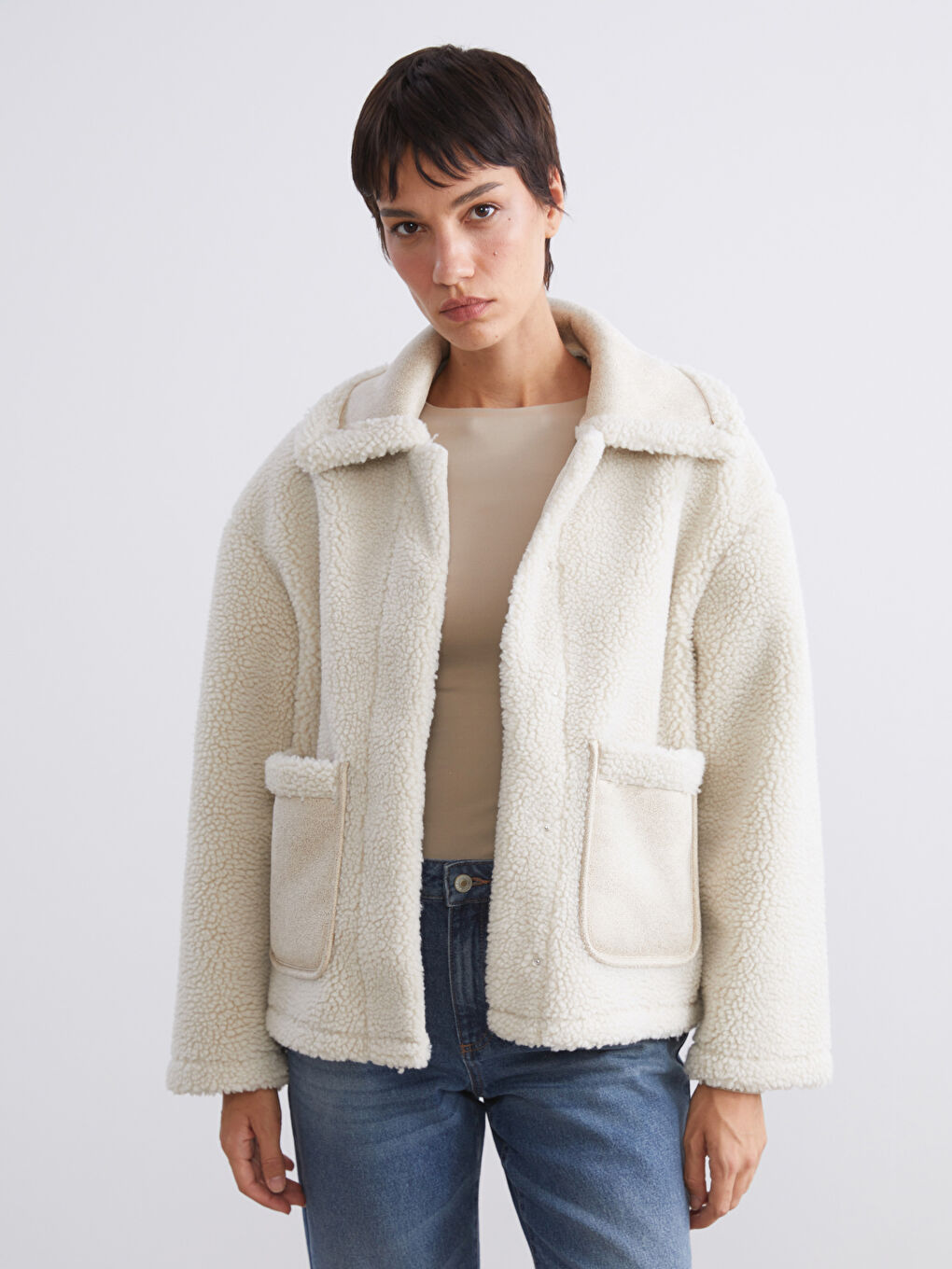 Jacket NeckPlain Long-Sleeve Women's Teddy Coat