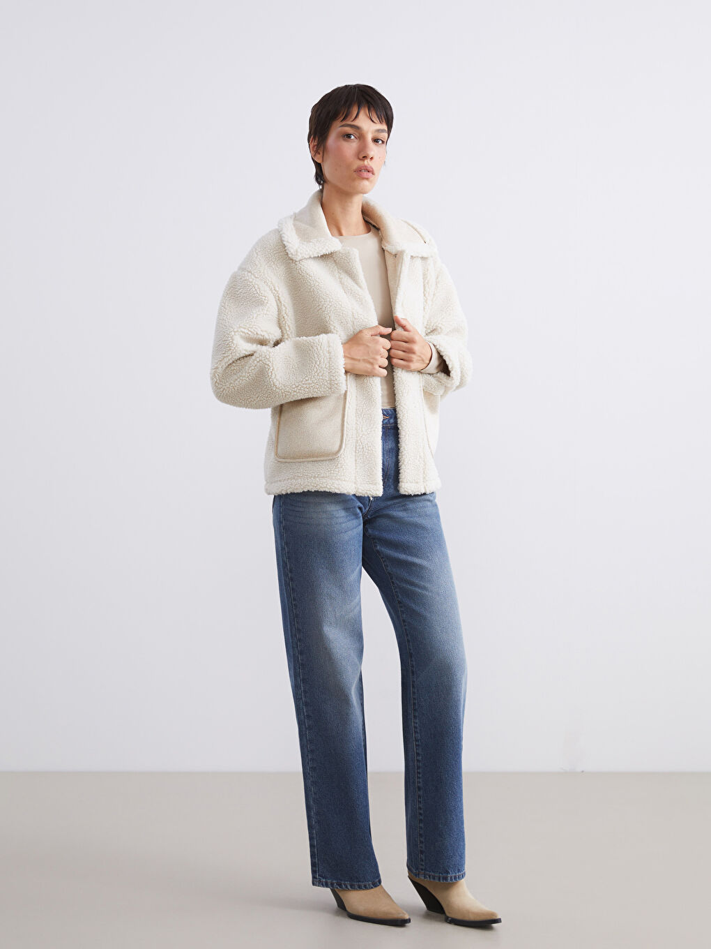Jacket NeckPlain Long-Sleeve Women's Teddy Coat-1