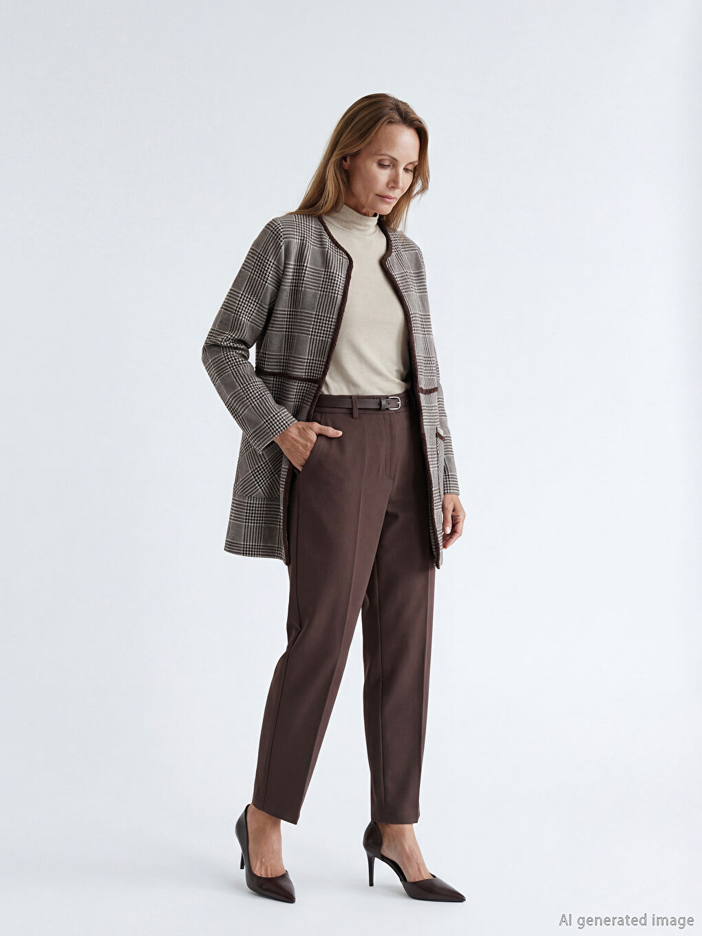 Kahverengi Bisiklet Yaka Desenli Kadın Hırka-1