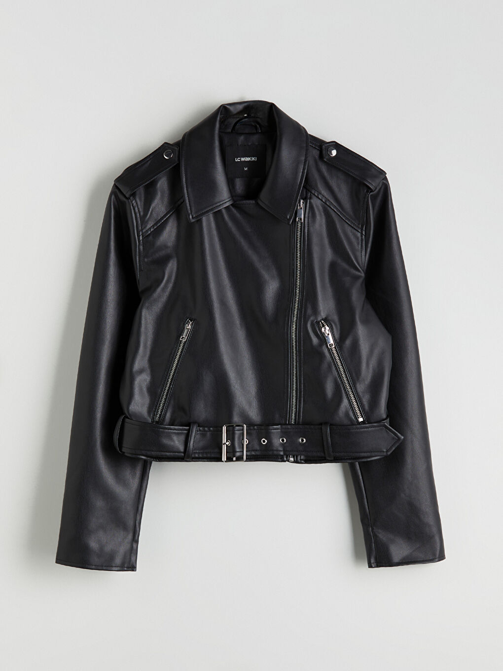 Siyah Gömlek Yaka Kadın Deri Görünümlü Ceket-5