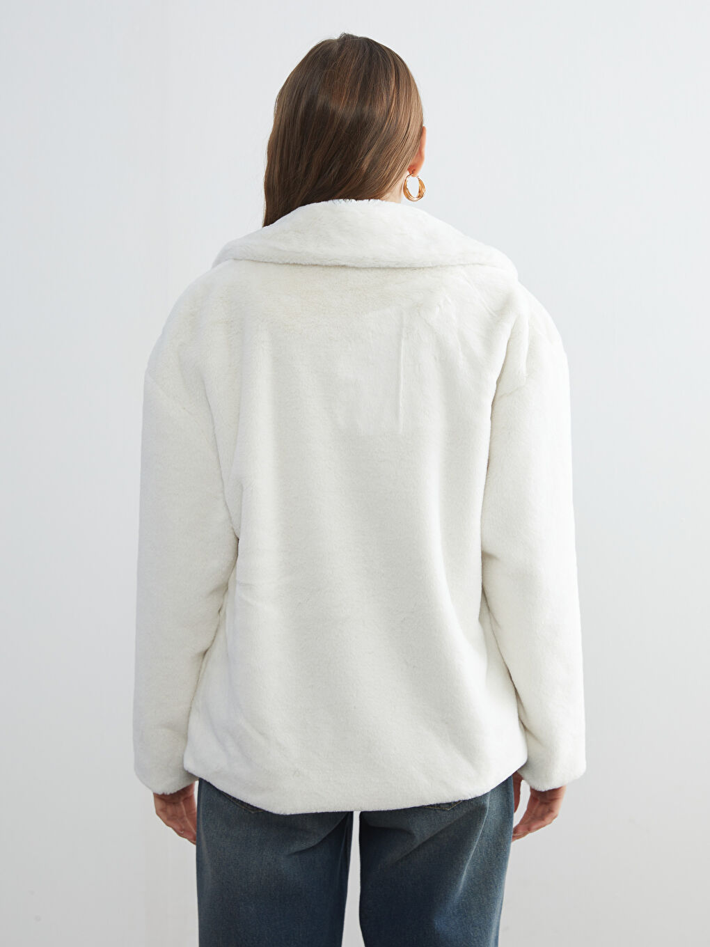 Ekru Ceket Yaka Kadın Pelüş Mont-4