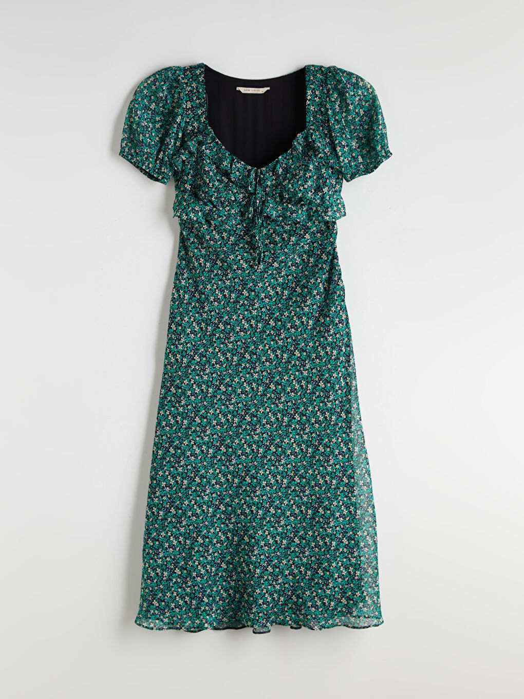 Yeşil Kalp Yaka Çiçekli Balon Kollu Elbise-4