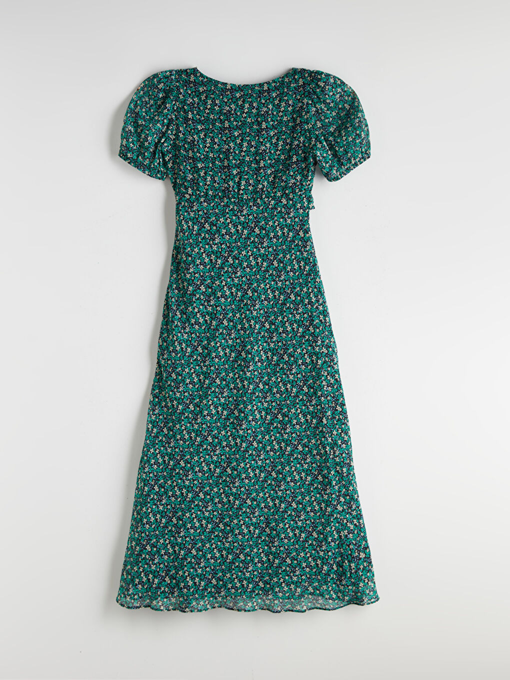 Yeşil Kalp Yaka Çiçekli Balon Kollu Elbise-5