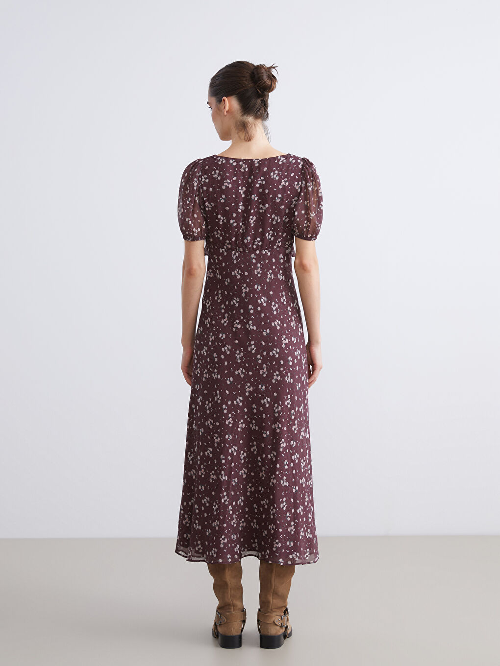 Kırmızı Kalp Yaka Çiçekli Balon Kollu Elbise-3