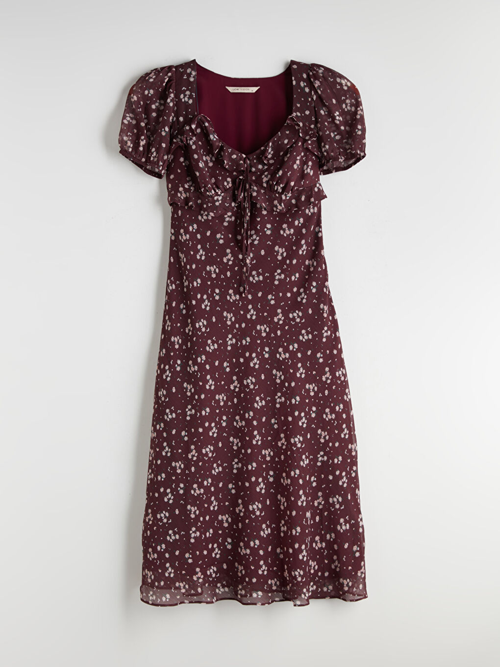 Kırmızı Kalp Yaka Çiçekli Balon Kollu Elbise-4