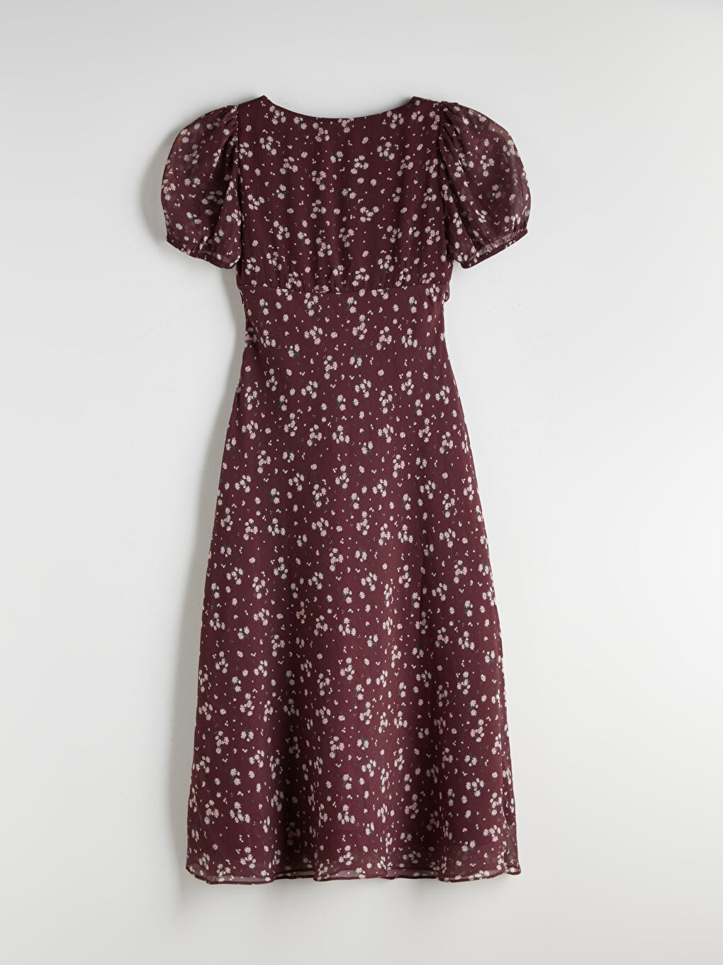 Kırmızı Kalp Yaka Çiçekli Balon Kollu Elbise-5