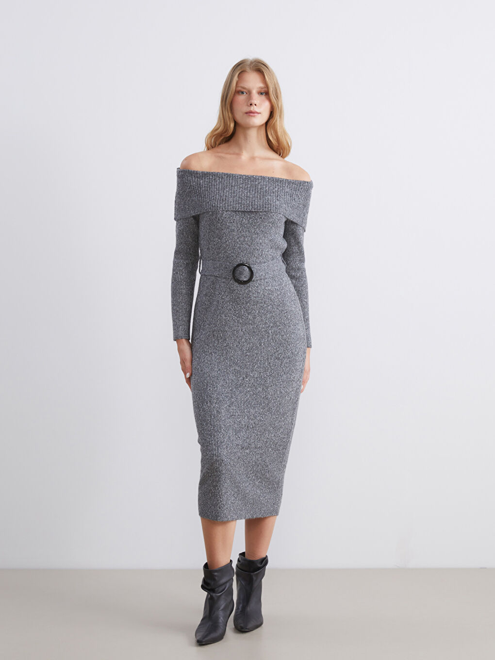 Slash Neck Belted Knitwear Dress