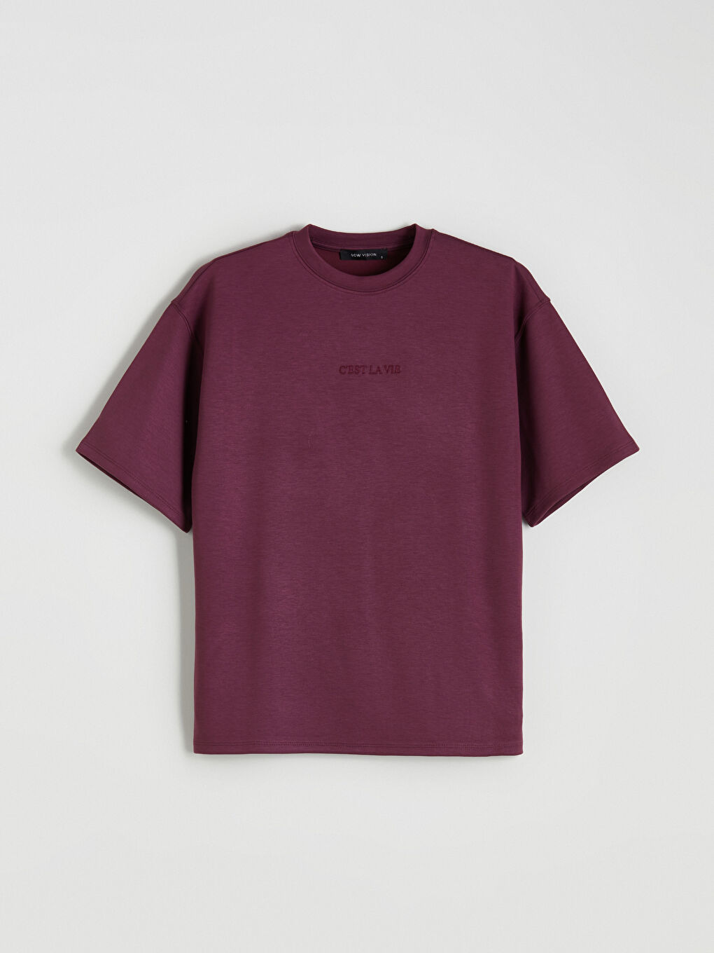 Mürdüm Bisiklet Yaka Nakışlı Oversize Kadın Tişört-4