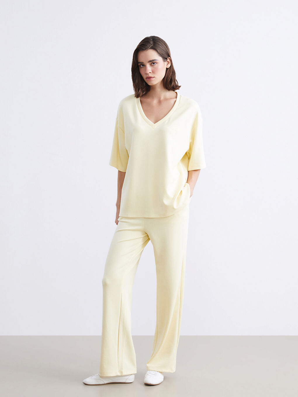 V Neck Embroidered Oversize Women's T-Shirt-1