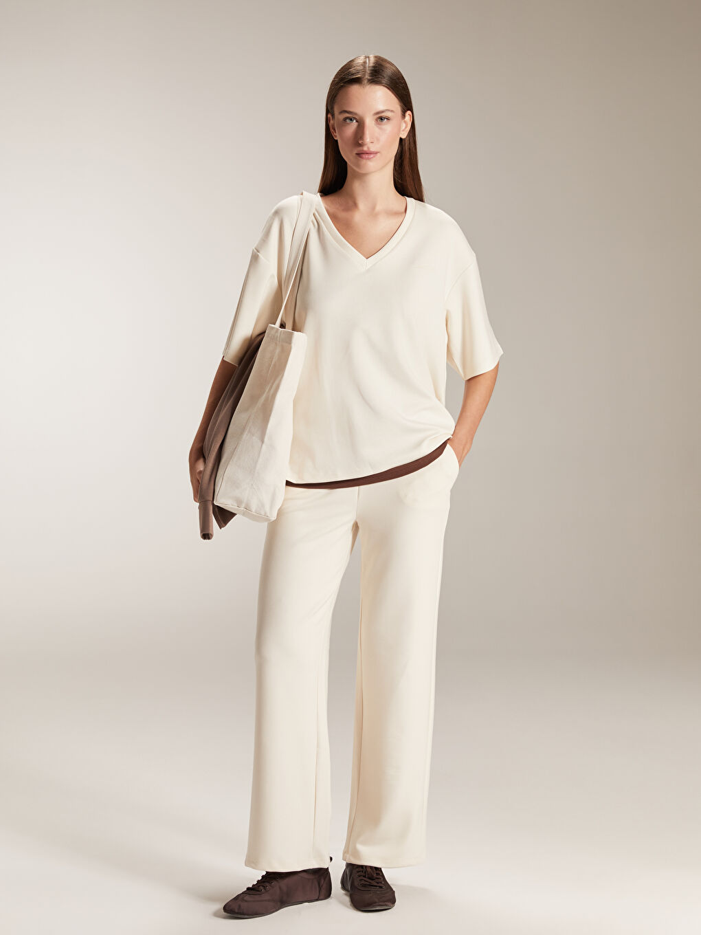 Ekru Beli Lastikli Kadın Eşofman Altı