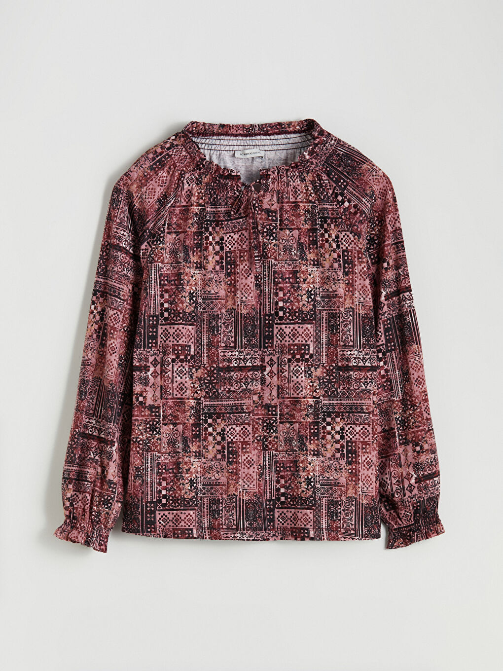 Bordo Bağlamalı Yaka Desenli Bluz-5