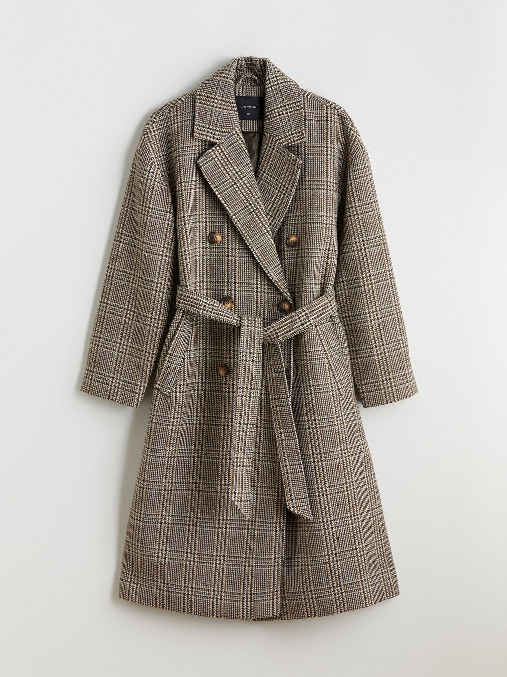 Kahverengi Kruvaze Yaka Desenli Kadın Kaşe Kaban-5