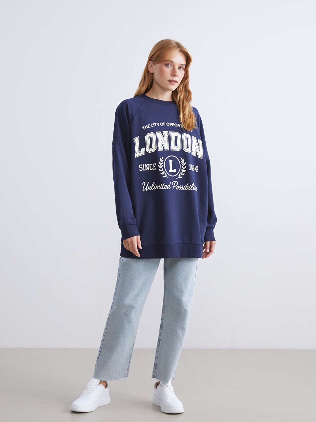Lacivert London Baskılı Oversize Kadın Sweatshirt Tunik-2