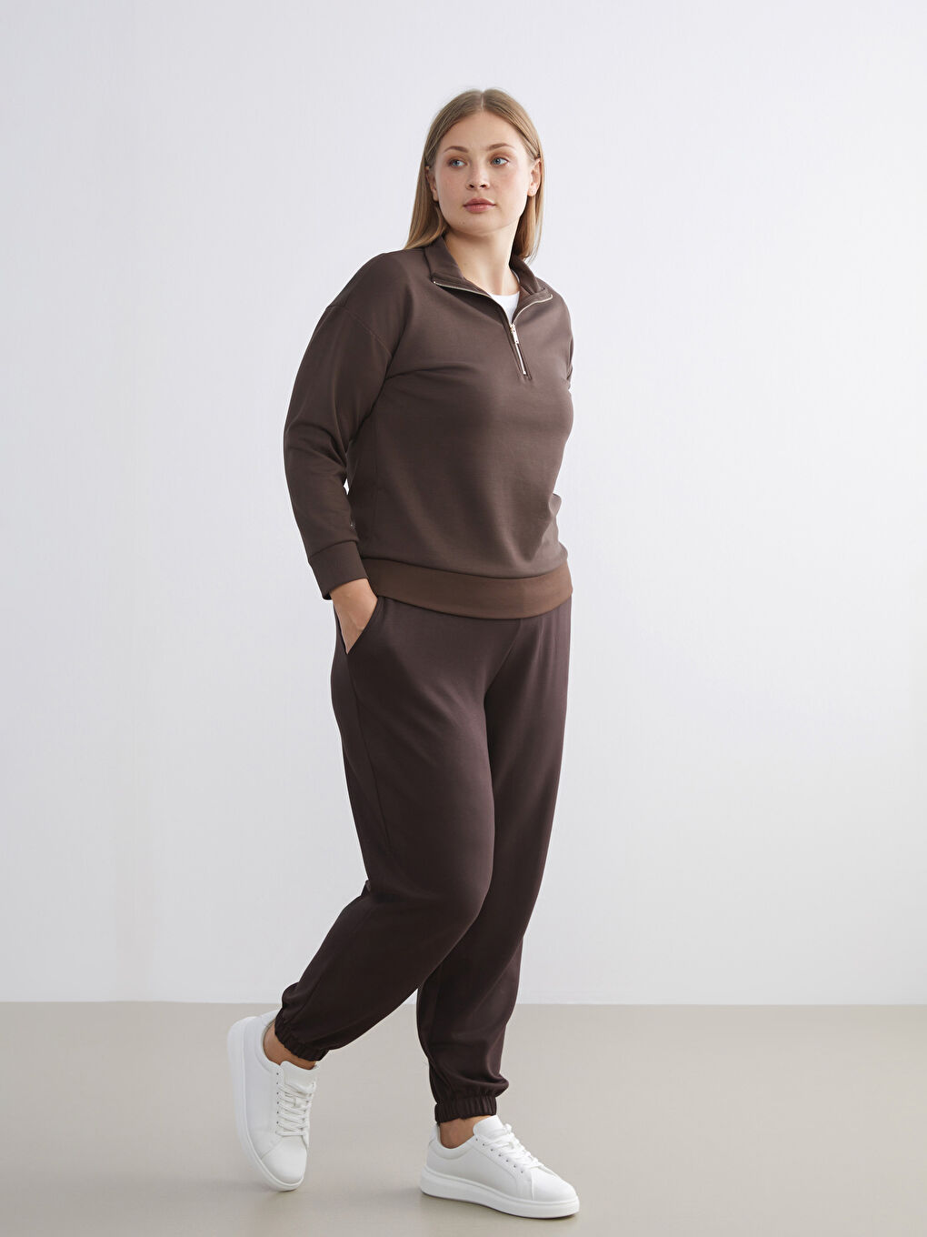 Kahverengi Beli Lastikli Kadın Jogger Eşofman Altı-1