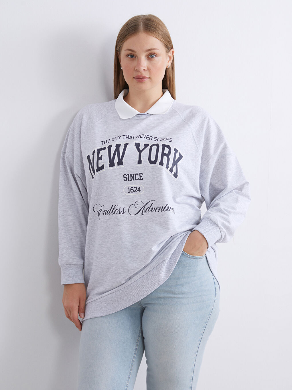 Gri Gömlek Yaka Baskılı Oversize Kadın Sweatshirt Tunik-1
