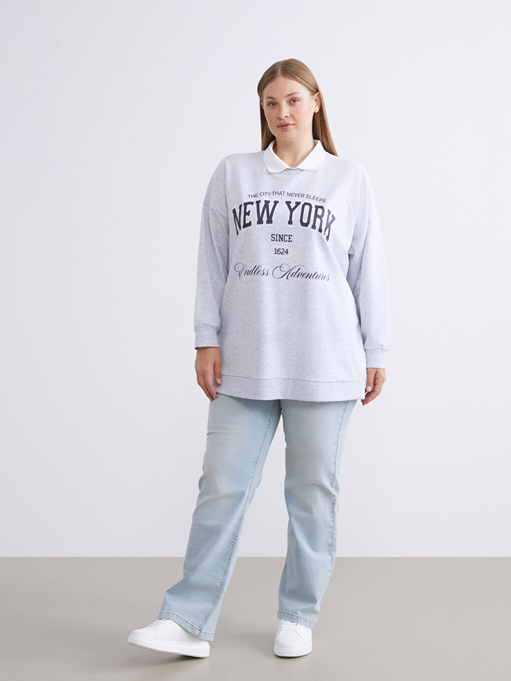 Gri Gömlek Yaka Baskılı Oversize Kadın Sweatshirt Tunik-5