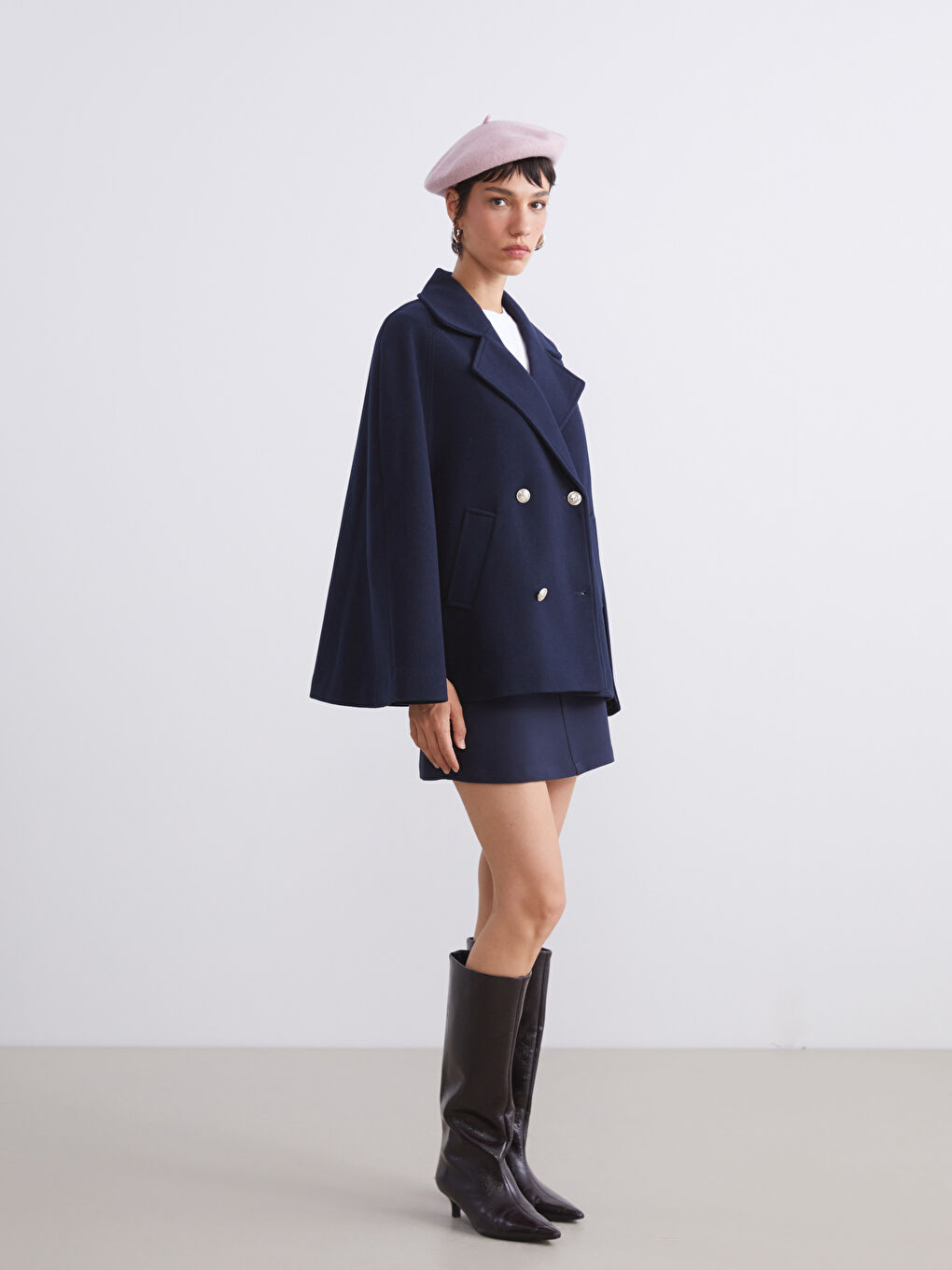 Lacivert Kruvaze Yaka Kadın Kaşe Panço-1