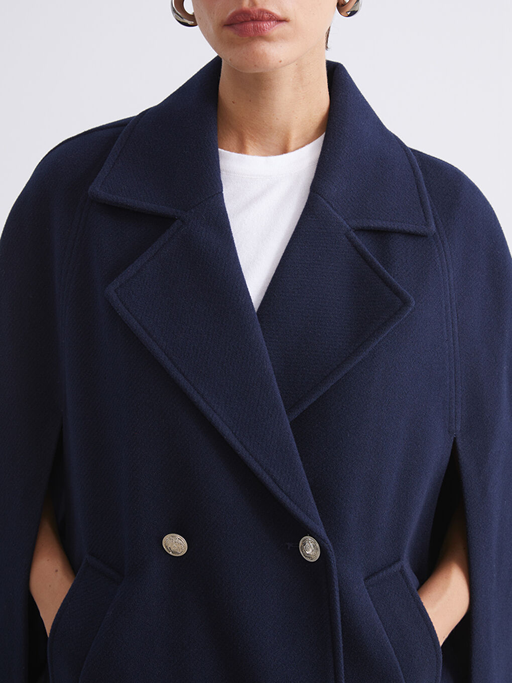 Lacivert Kruvaze Yaka Kadın Kaşe Panço-2