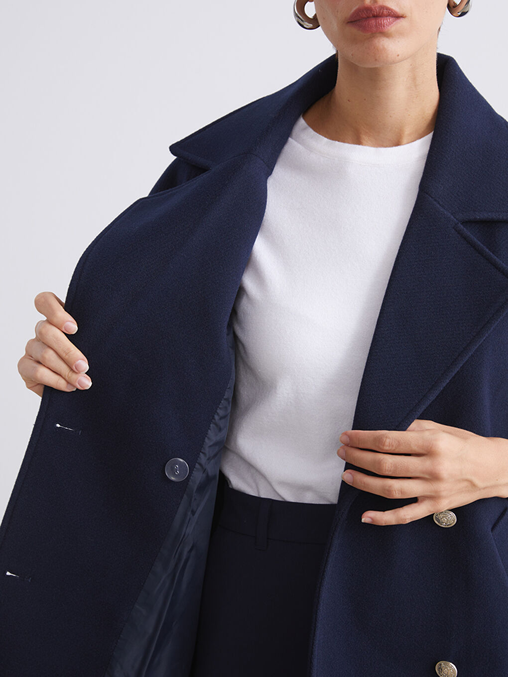 Lacivert Kruvaze Yaka Kadın Kaşe Panço-3