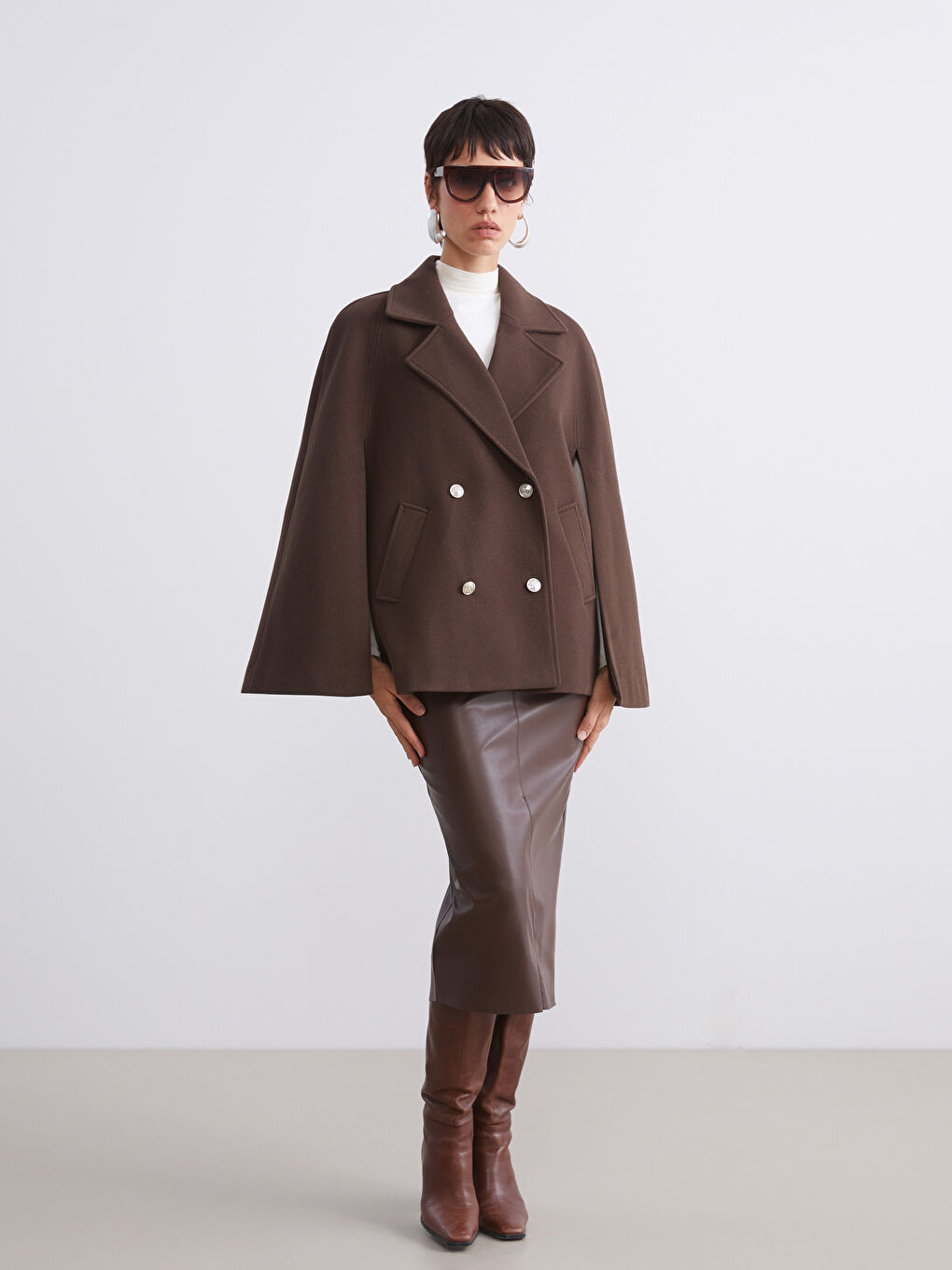 Kahverengi Kruvaze Yaka Kadın Kaşe Panço-1