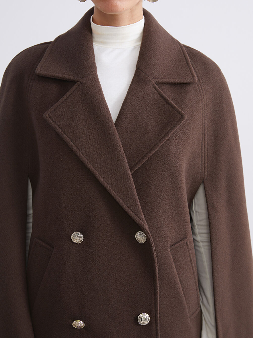 Kahverengi Kruvaze Yaka Kadın Kaşe Panço-2