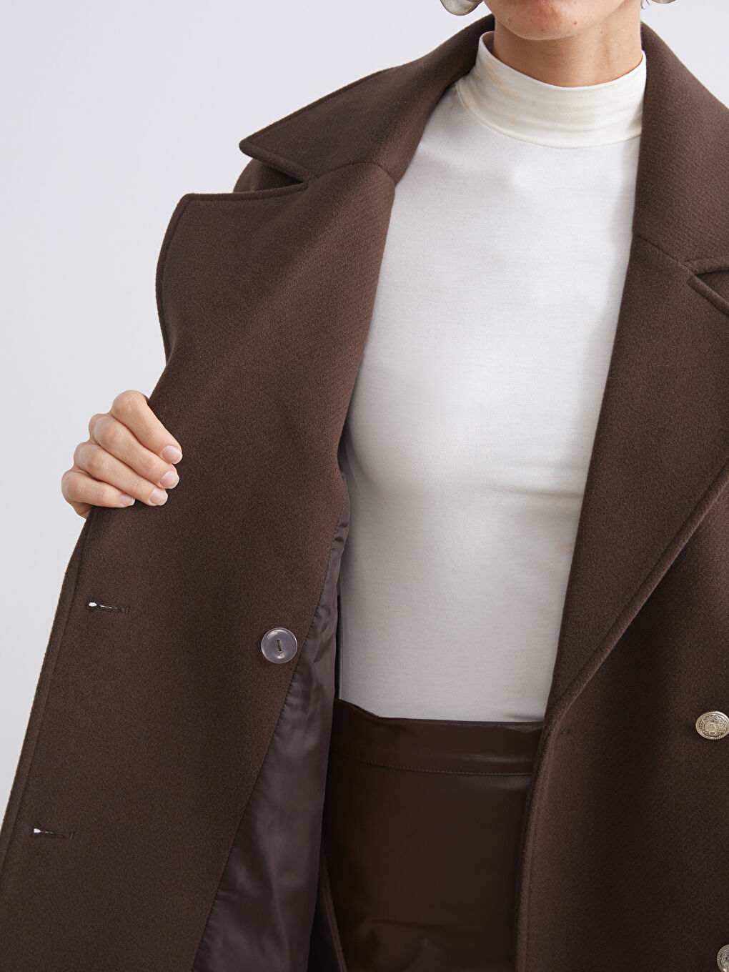 Kahverengi Kruvaze Yaka Kadın Kaşe Panço-3