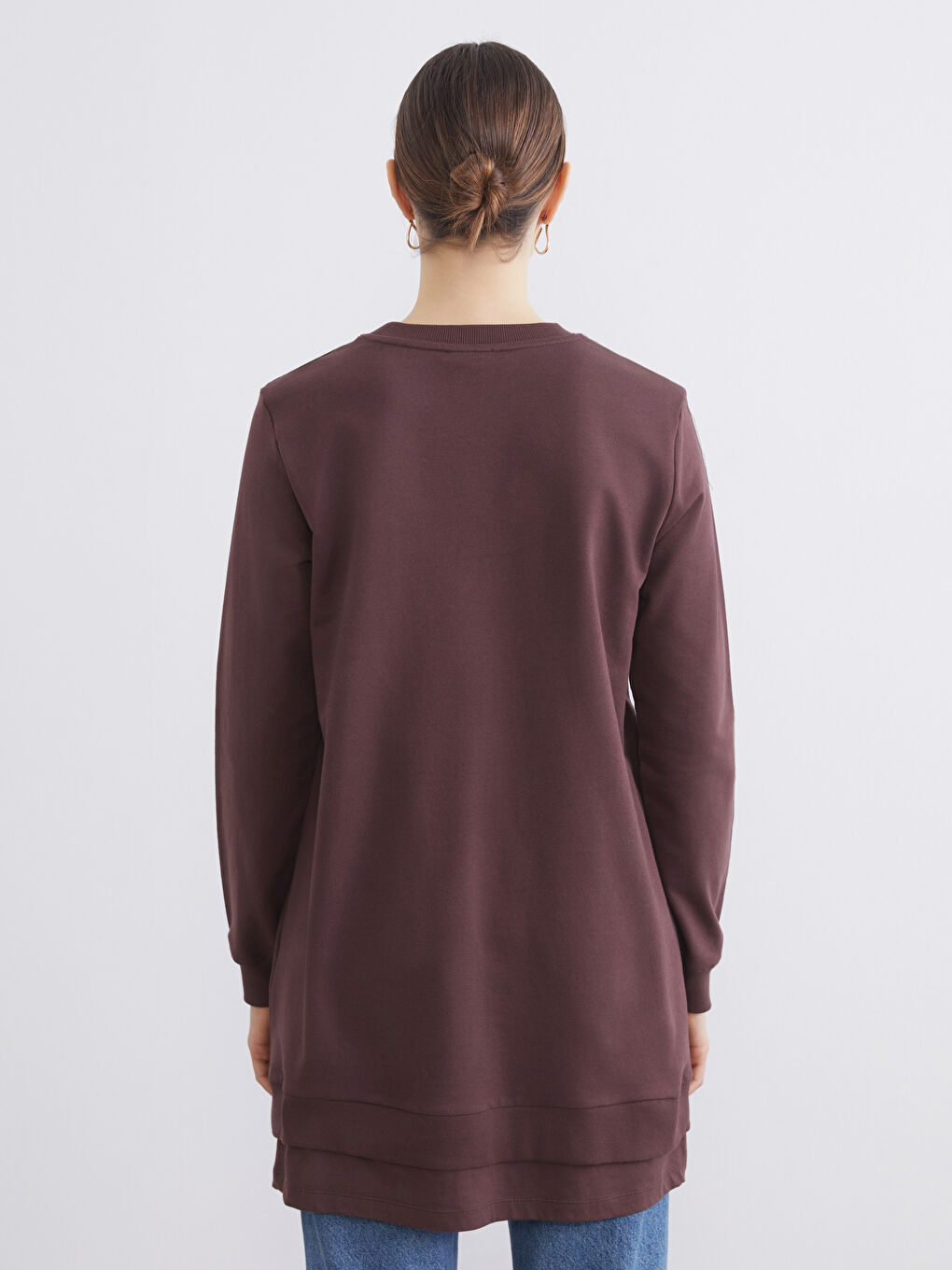 Kahverengi Bisiklet Yaka Baskılı Kadın Sweatshirt Tunik-3