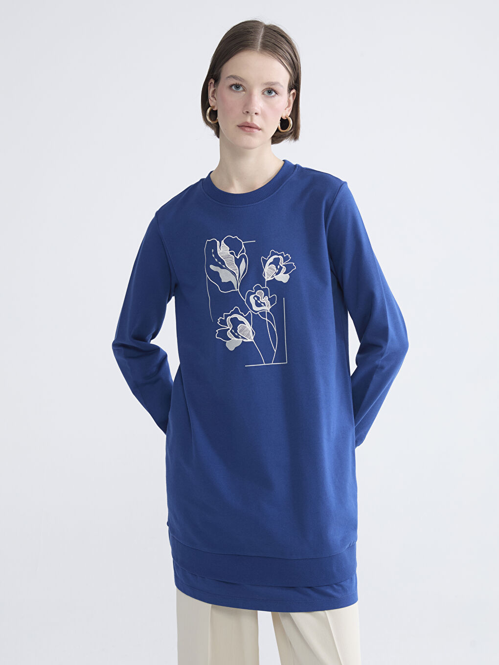 Crew Neck Floral Women's Sweatshirt Tunic